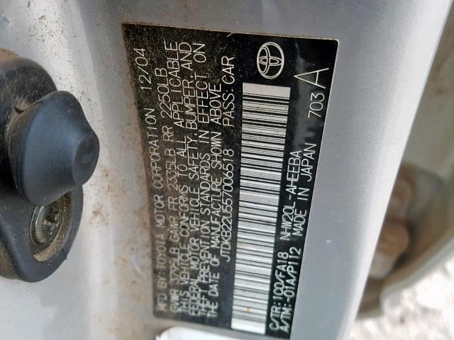 JTDKB22U557006518 - 2005 TOYOTA PRIUS SILVER photo 10