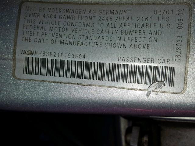 WVWRH63B21P193504 - 2001 VOLKSWAGEN PASSAT GLX 银色 照片 10