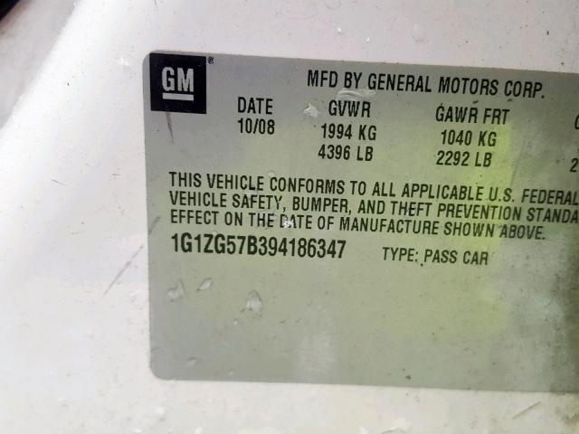 1G1ZG57B394186347 - 2009 CHEVROLET MALIBU LS თეთრი ფოტო 10