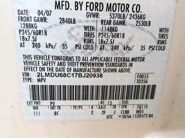 2LMDU68C17BJ20938 - 2007 LINCOLN MKX CREAM photo 10