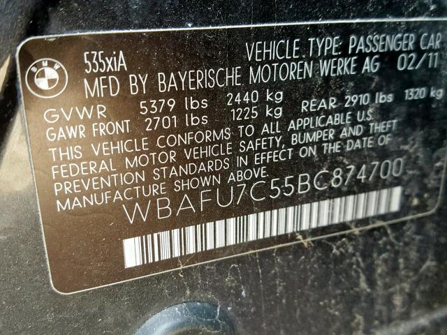 WBAFU7C55BC874700 - 2011 BMW 535 XI BLACK photo 10