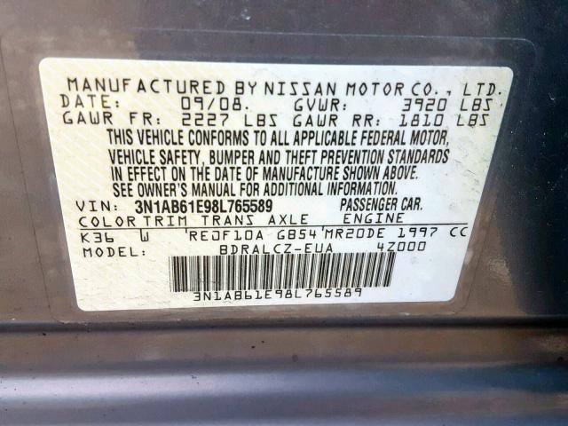 3N1AB61E98L765589 - 2008 NISSAN SENTRA 2.0 GRAY photo 10