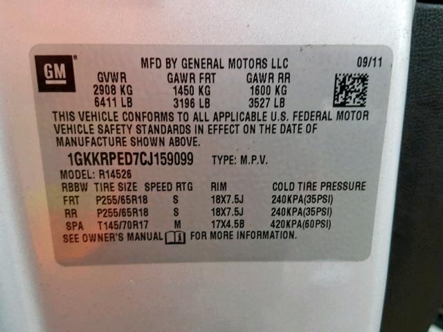 1GKKRPED7CJ159099 - 2012 GMC ACADIA SLE SILVER photo 10