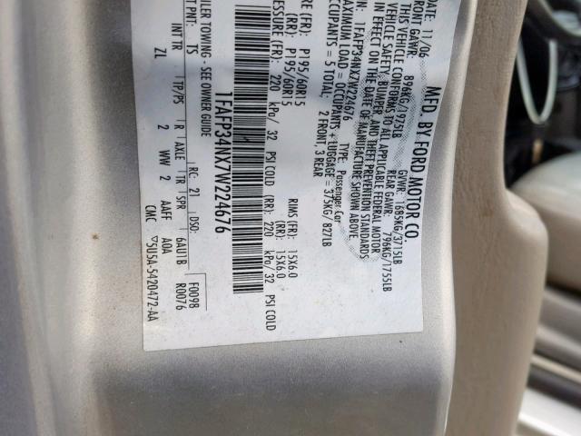 1FAFP34NX7W224676 - 2007 FORD FOCUS ZX4 GRAY photo 10