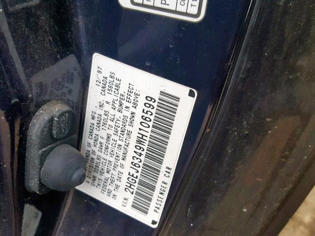 2HGEJ6349WH106599 - 1998 HONDA CIVIC DX BLUE photo 10