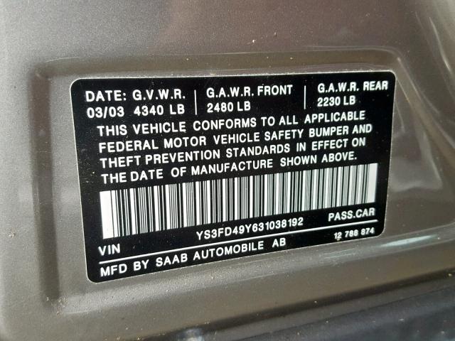 YS3FD49Y631038192 - 2003 SAAB 9-3 ARC GRAY photo 10