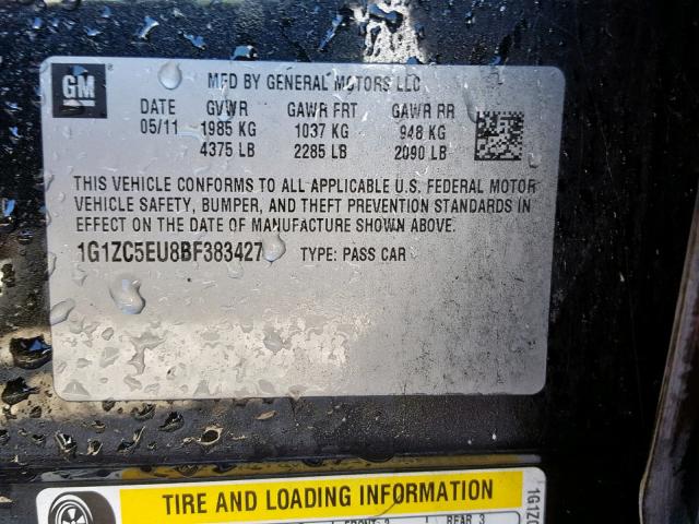 1G1ZC5EU8BF383427 - 2011 CHEVROLET MALIBU 1LT BLACK photo 10