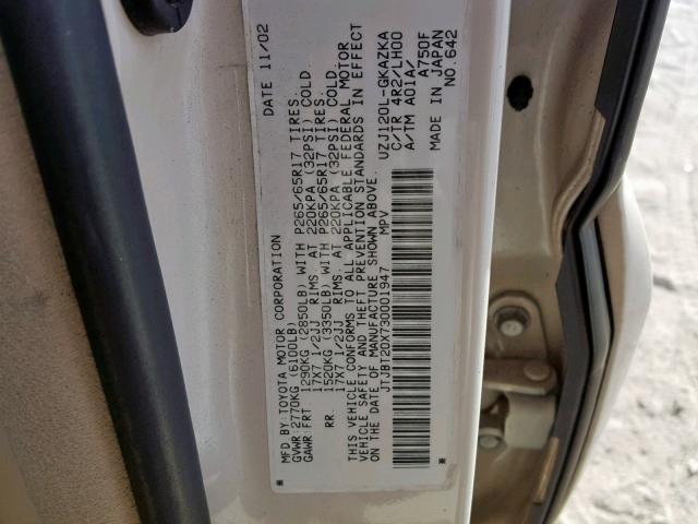 JTJBT20X730001947 - 2003 LEXUS GX 470 WHITE photo 10