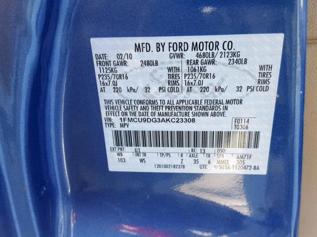 1FMCU9DG3AKC23308 - 2010 FORD ESCAPE XLT BLUE photo 10