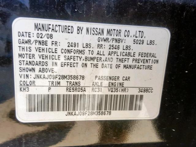 JNKAJ09F28M358678 - 2008 INFINITI EX35 BASE BLACK photo 10