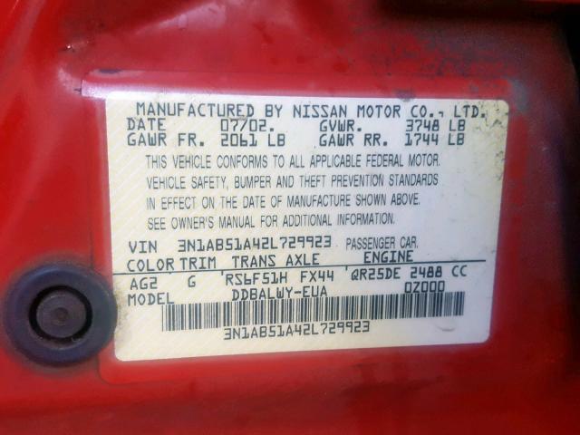 3N1AB51A42L729923 - 2002 NISSAN SENTRA SE- RED photo 10