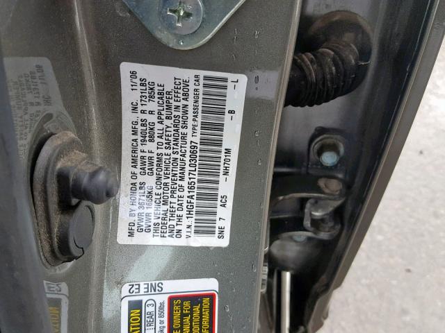 1HGFA16517L030697 - 2007 HONDA CIVIC LX GRAY photo 10