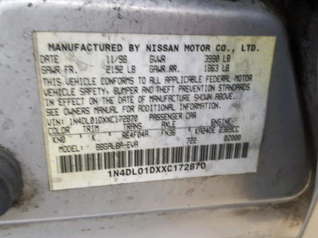 1N4DL01DXXC172870 - 1999 NISSAN ALTIMA XE SILVER photo 10