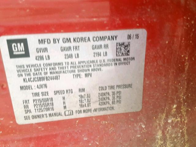 KL4CJCSB9FB244487 - 2015 BUICK ENCORE RED photo 10