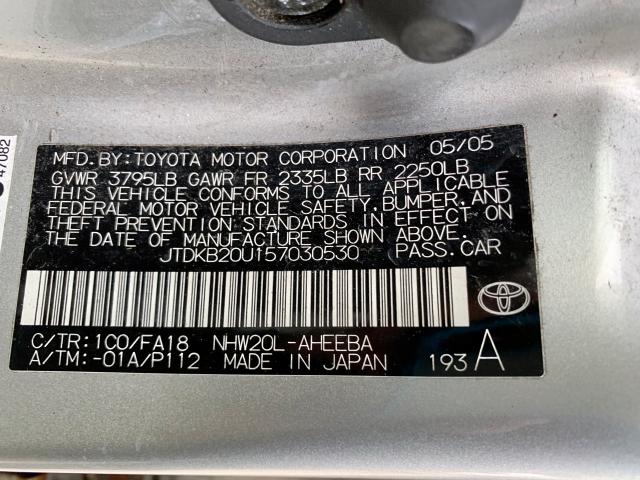 JTDKB20U157030530 - 2005 TOYOTA PRIUS SILVER photo 9