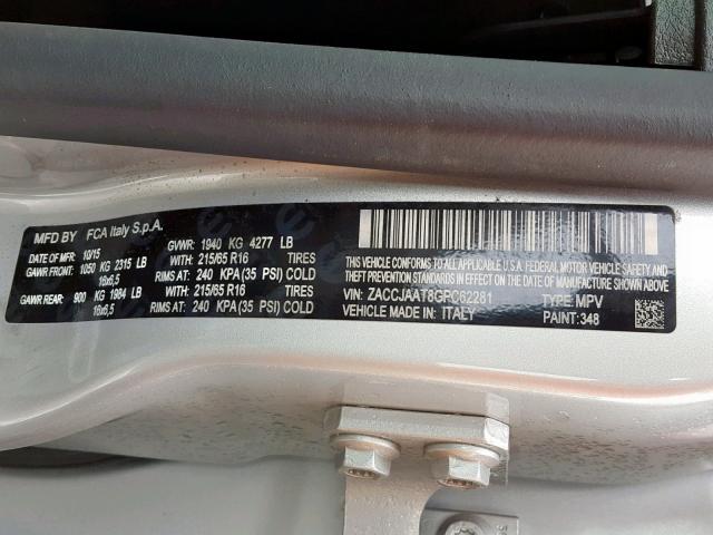 ZACCJAAT8GPC62281 - 2016 JEEP RENEGADE S SILVER photo 10