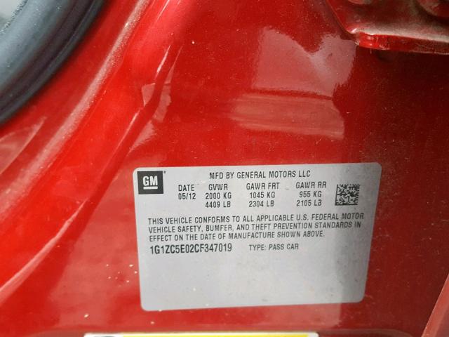1G1ZC5E02CF347019 - 2012 CHEVROLET MALIBU 1LT 红色 照片 10