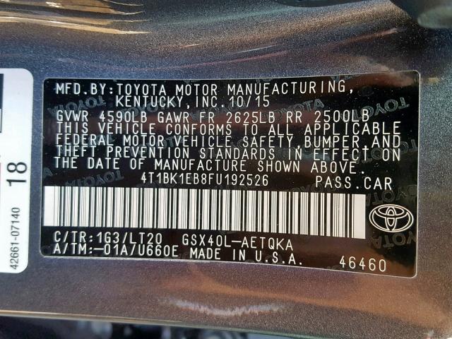 4T1BK1EB8FU192526 - 2015 TOYOTA AVALON XLE GRAY photo 10