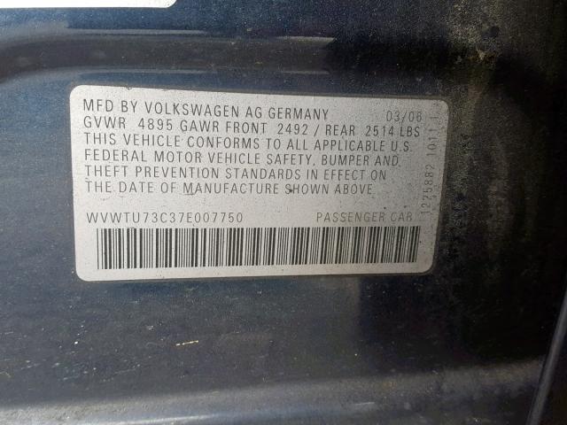 WVWTU73C37E007750 - 2007 VOLKSWAGEN PASSAT 3.6 BLUE photo 10