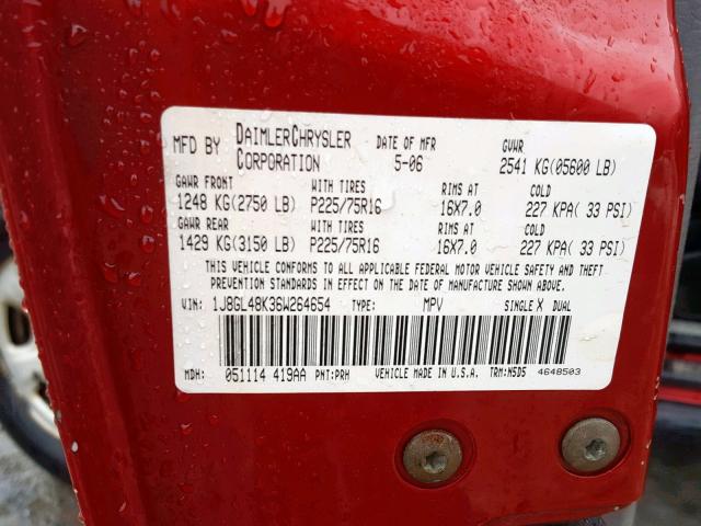 1J8GL48K36W264654 - 2006 JEEP LIBERTY SP წითელი ფოტო 10