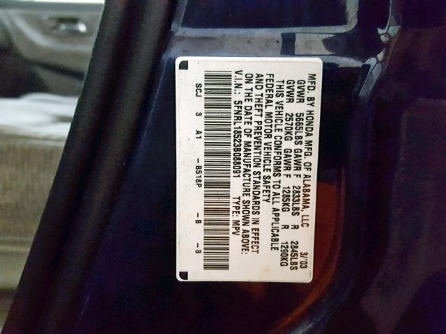 5FNRL18523B088091 - 2003 HONDA ODYSSEY LX BLUE photo 10