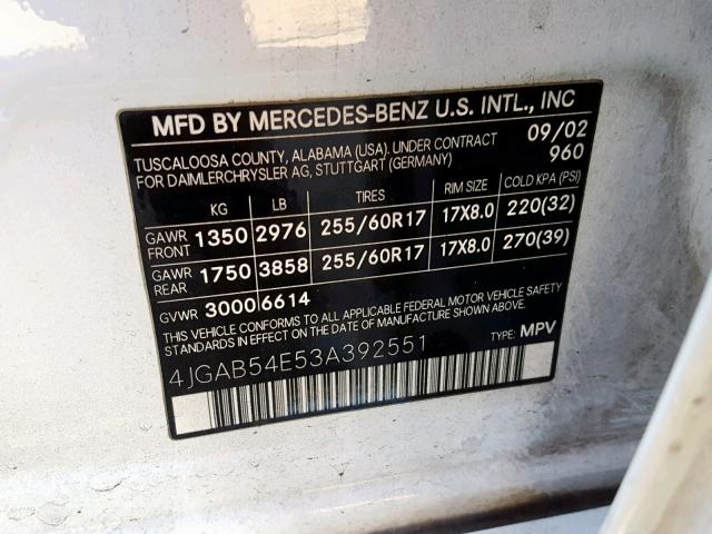 4JGAB54E53A392551 - 2003 MERCEDES-BENZ ML 320 WHITE photo 10