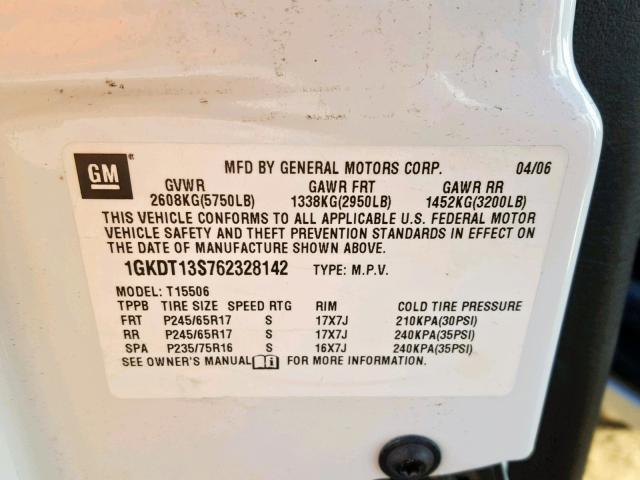 1GKDT13S762328142 - 2006 GMC ENVOY WHITE photo 10