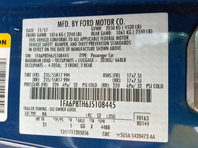 1FA6P8TH6J5108445 - 2018 FORD MUSTANG BLUE photo 10