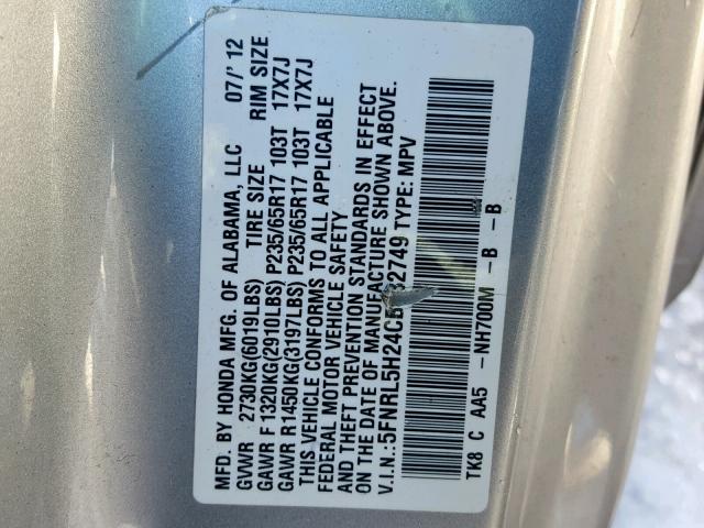 5FNRL5H24CB132749 - 2012 HONDA ODYSSEY LX SILVER photo 10