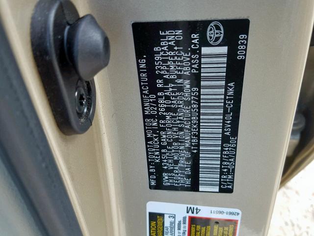 4T1BF3EK9BU587759 - 2011 TOYOTA CAMRY BASE GOLD photo 10