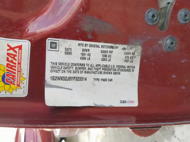 1G2WK52J8YF323314 - 2000 PONTIAC GRAND PRIX 红色 照片 10