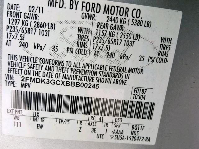 2FMDK3GCXBBB00245 - 2011 FORD EDGE SE SILVER photo 10