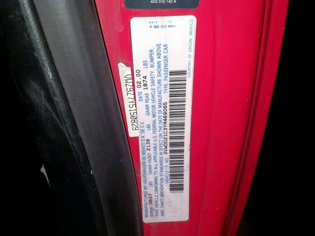 3VWDD21C3YM469065 - 2000 VOLKSWAGEN NEW BEETLE Qırmızı foto 10