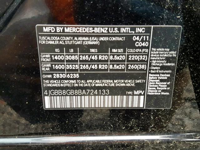 4JGBB8GB8BA724133 - 2011 MERCEDES-BENZ ML 350 4MA BLACK photo 10