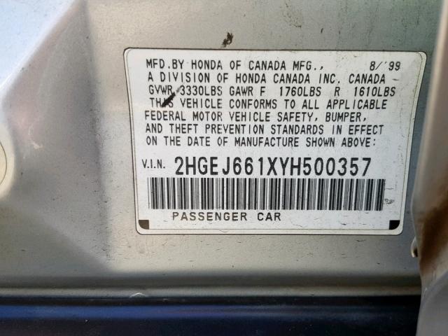 2HGEJ661XYH500357 - 2000 HONDA CIVIC BASE SILVER photo 10