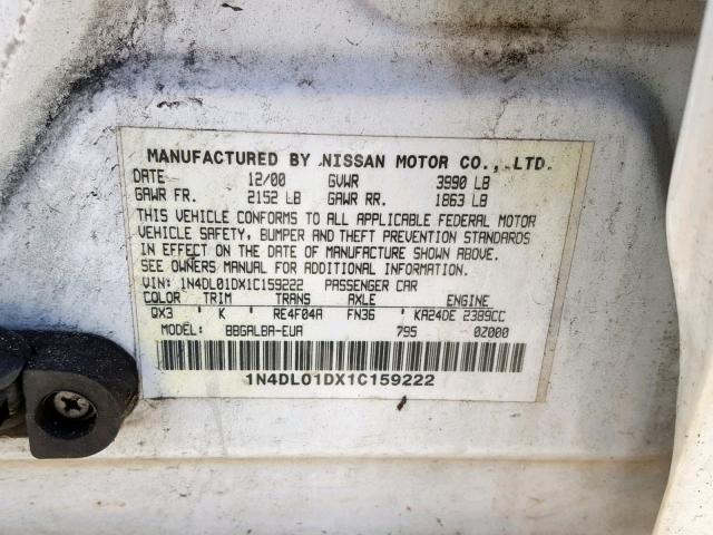 1N4DL01DX1C159222 - 2001 NISSAN ALTIMA XE WHITE photo 10