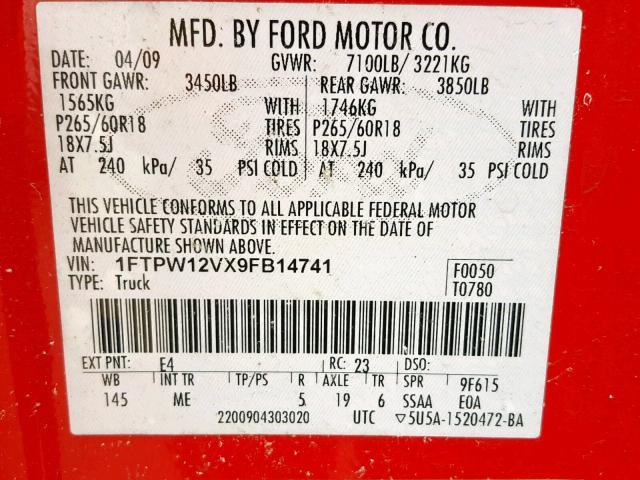 1FTPW12VX9FB14741 - 2009 FORD F150 SUPER RED photo 10