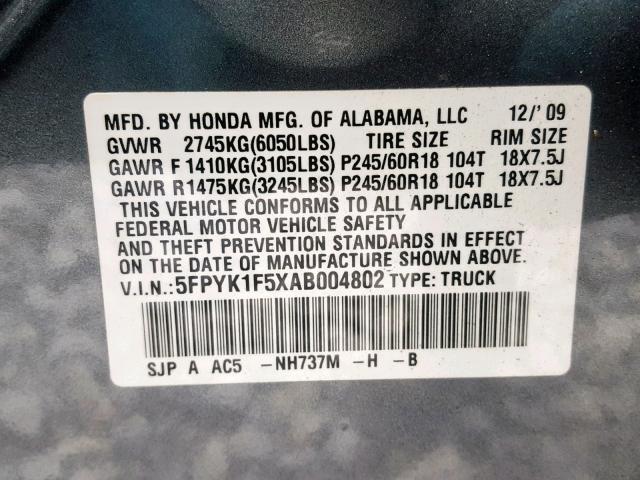 5FPYK1F5XAB004802 - 2010 HONDA RIDGELINE GRAY photo 10