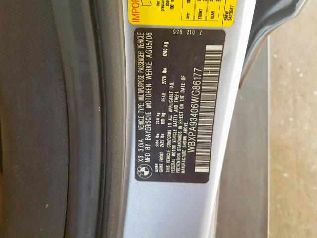 WBXPA93406WG86177 - 2006 BMW X3 3.0I BLUE photo 10