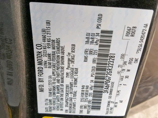 3FA6P0G72GR323281 - 2016 FORD FUSION S CHARCOAL photo 10