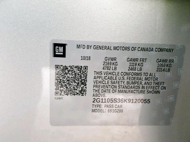 2G1105S36K9120055 - 2019 CHEVROLET IMPALA PRE ვერცხლისფერი ფოტო 10