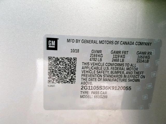 2G1105S36K9120055 - 2019 CHEVROLET IMPALA PRE SILVER photo 10