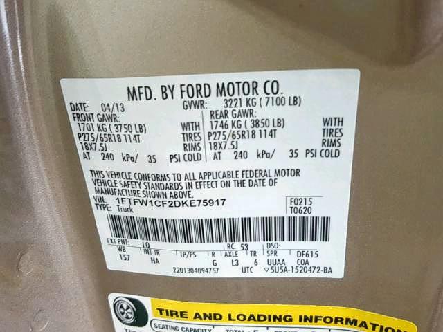 1FTFW1CF2DKE75917 - 2013 FORD F150 SUPER GOLD photo 10