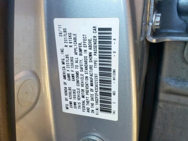 1HGCP2F42CA020281 - 2012 HONDA ACCORD LXP SILVER photo 10