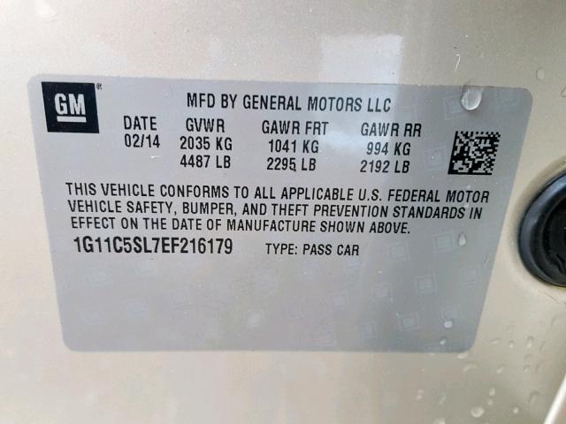 1G11C5SL7EF216179 - 2014 CHEVROLET MALIBU 1LT BEIGE photo 10