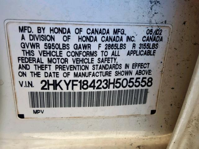 2HKYF18423H505558 - 2003 HONDA PILOT EX WHITE photo 10