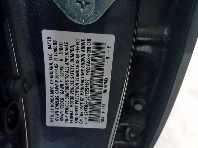 19XFB2F98FE251127 - 2015 HONDA CIVIC EXL GRAY photo 10