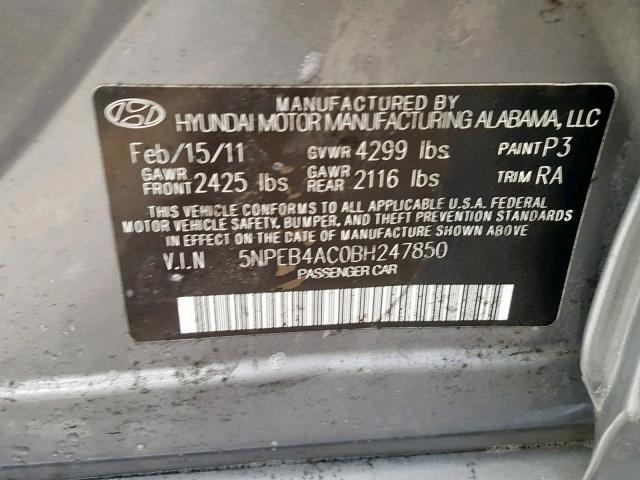 5NPEB4AC0BH247850 - 2011 HYUNDAI SONATA GLS GRAY photo 10