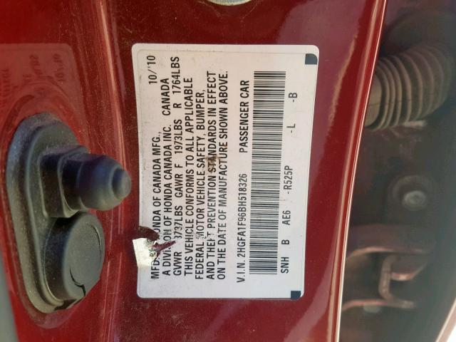 2HGFA1F96BH518326 - 2011 HONDA CIVIC EXL MAROON photo 10