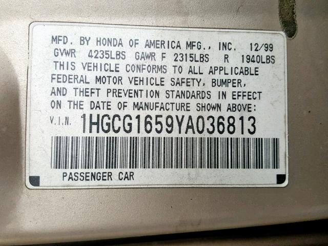 1HGCG1659YA036813 - 2000 HONDA ACCORD EX GOLD photo 10